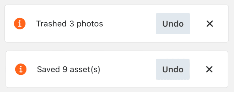PhotoBase Cleaner undo notifications showing trashed photos and saved assets with undo options